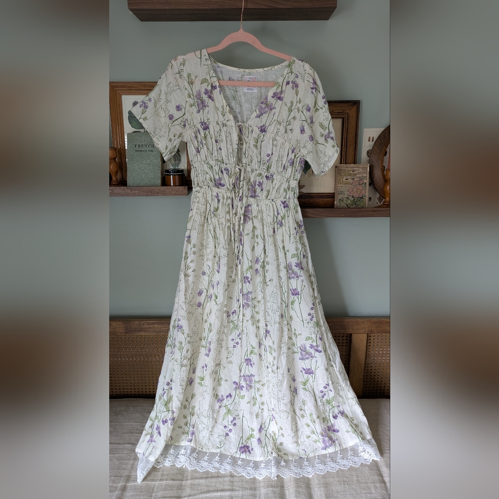 Linennaive Floral White, purple And Green Vintage Style Linen Dress XS